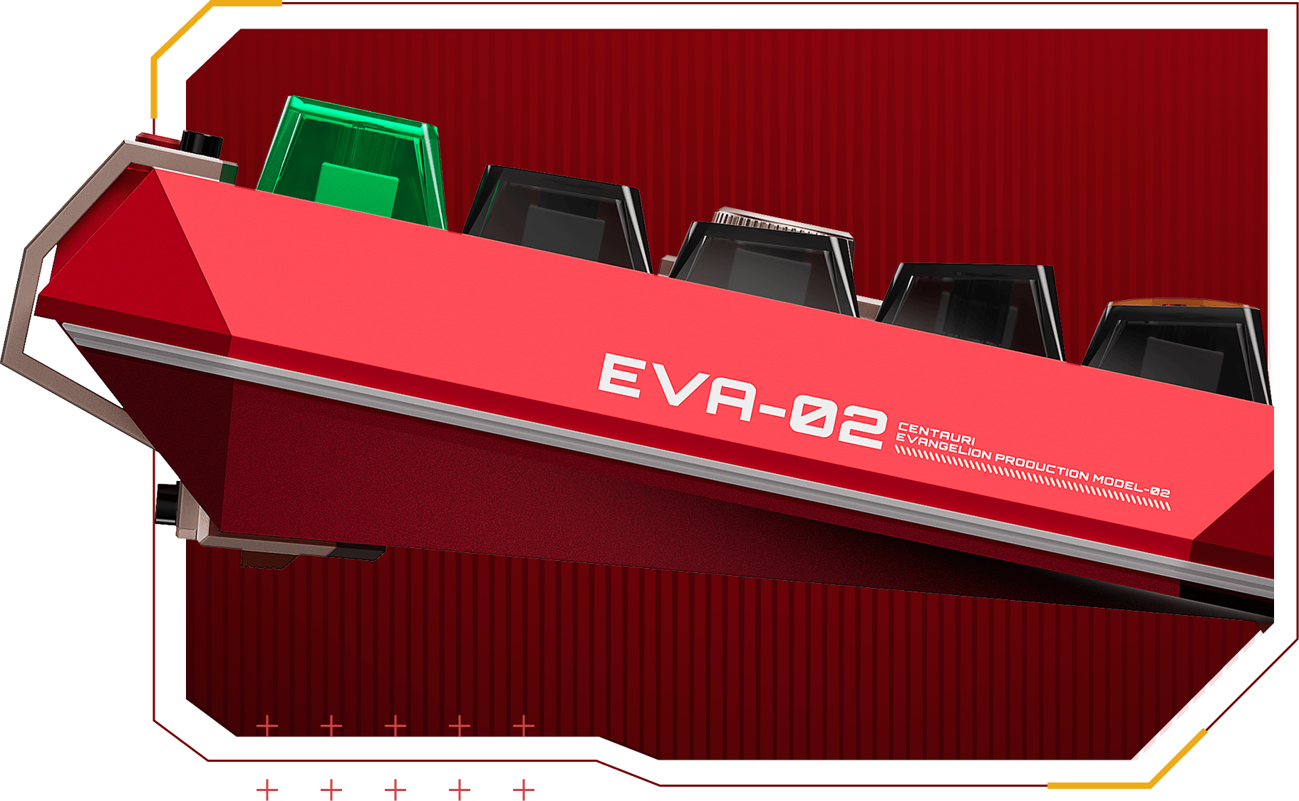 Laser-etched EVA-02 insignia on the keyboard chassis