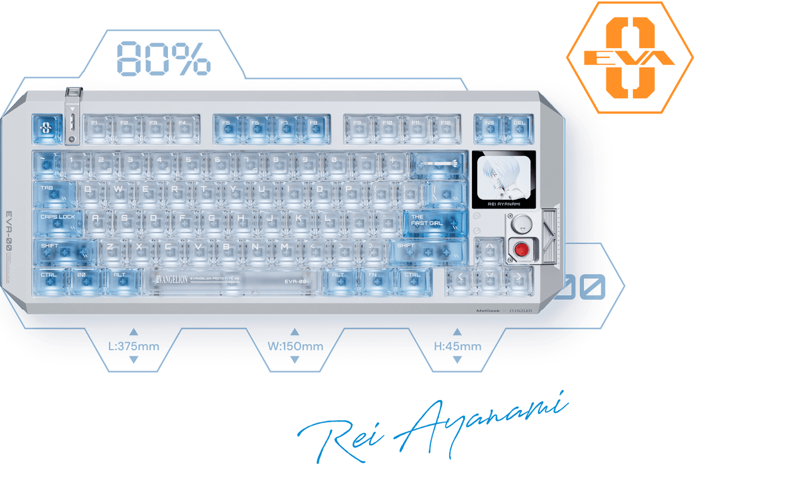 MelGeek Centauri 80 EVANGELION Rei Edition full keyboard top view on transparent background
