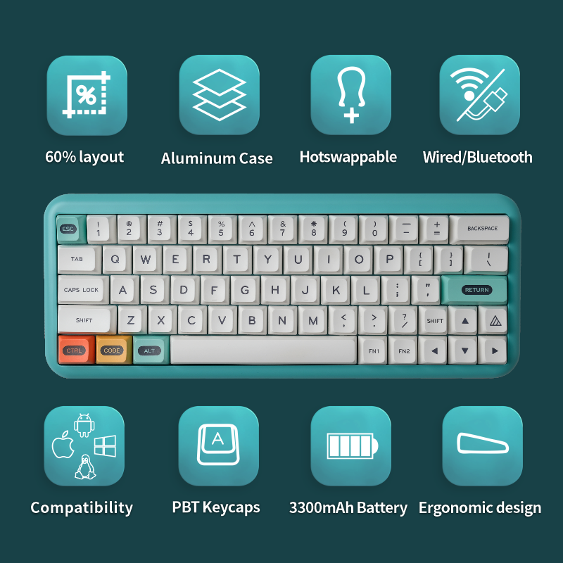 MelGeek Mojo Aluminum 60% Hotswapple RGB 5.2 Bluetooth Wireless &Wired Mechanical Keyboard