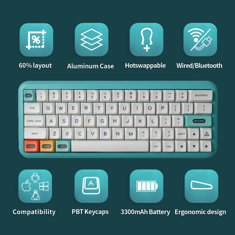 MelGeek Mojo Aluminium 60% Hotswapple RVB 5.2 Bluetooth Clavier mécanique filaire et sans fil